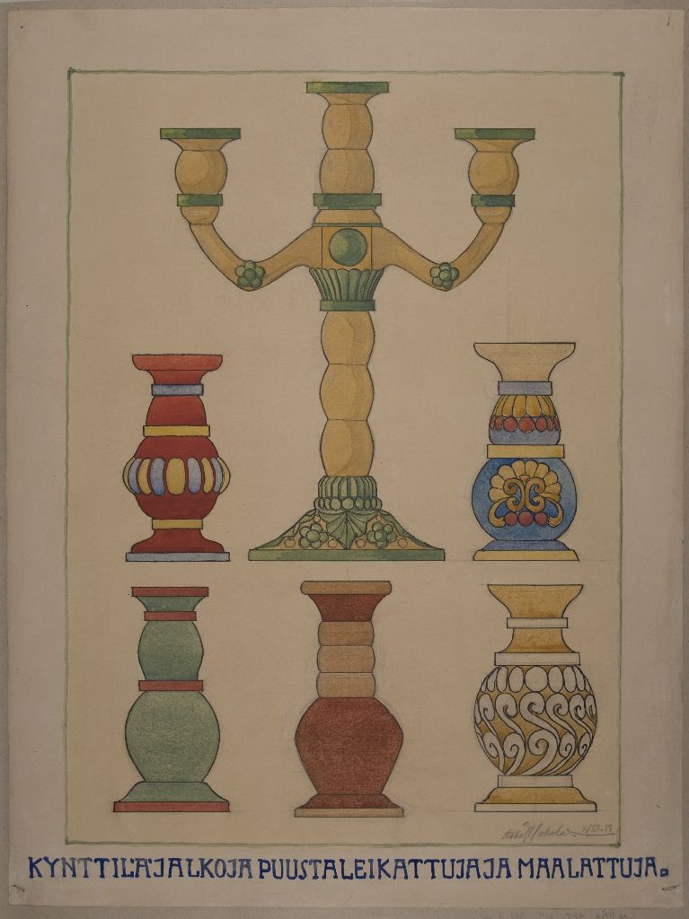 Erkki Hakala,  	Kynttilänjalkoja puusta leikattuja ja maalattuja, 1915
