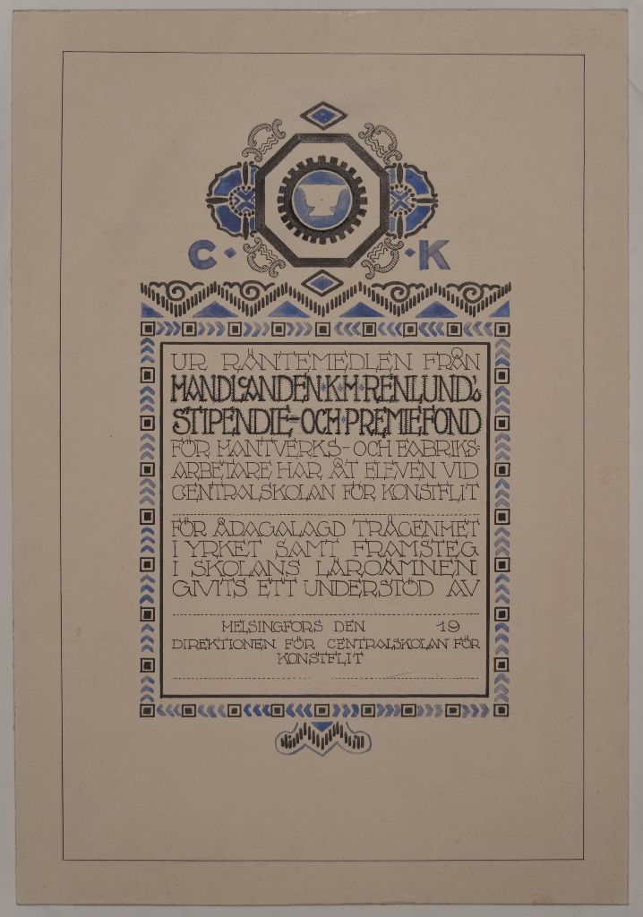 Todistus Taideteollisuuskoulusta, 1915-1916