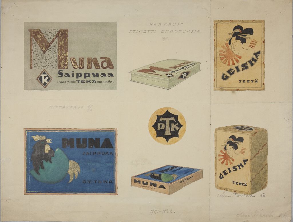 Lauri Tokkola, Pakkausetikettiehdotuksia, Muna saippuaa ja Geisha teetä, 1921-1922