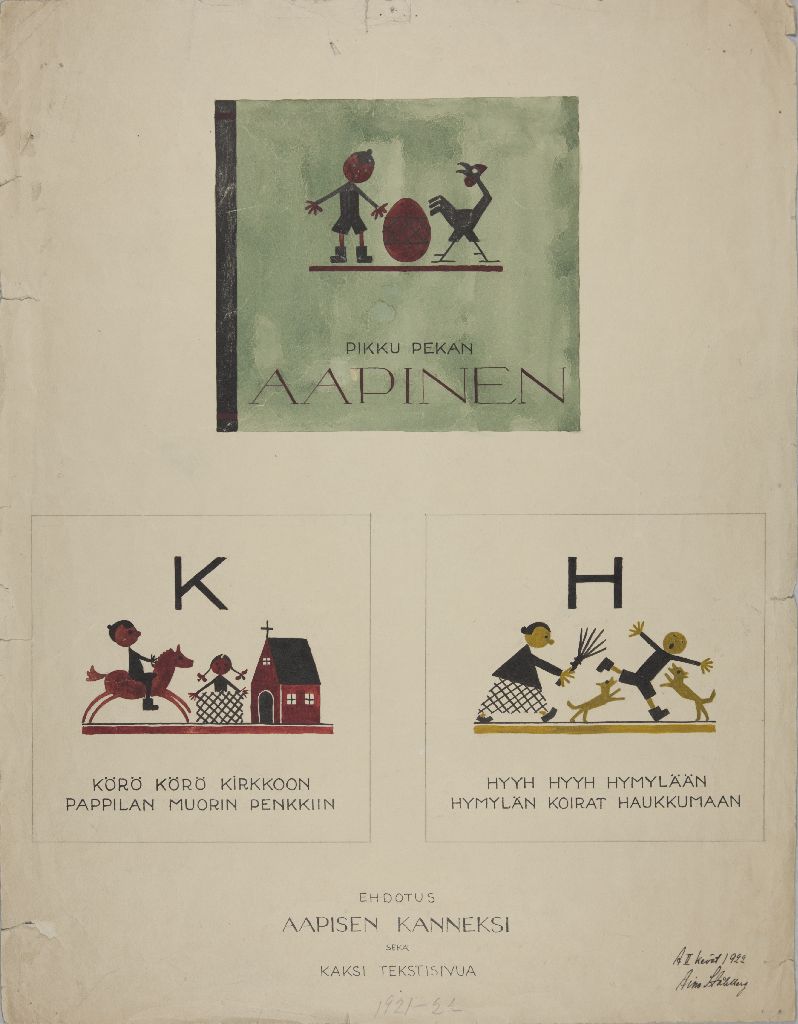 Aino Ståhlberg, Ehdotus Aapisen kanneksi sekä kaksi tekstisivua, 1922