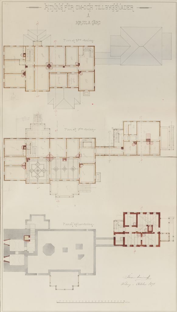 Ivar Aminoff, Kirjolan kartanon vanhan päärakennuksen kellarikerroksen, 1. ja 2. kerroksen pohjapiirrokset, 1894