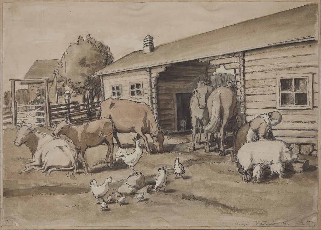 Maija Värri, Piirustus; maatalon pihapiiri, 1925