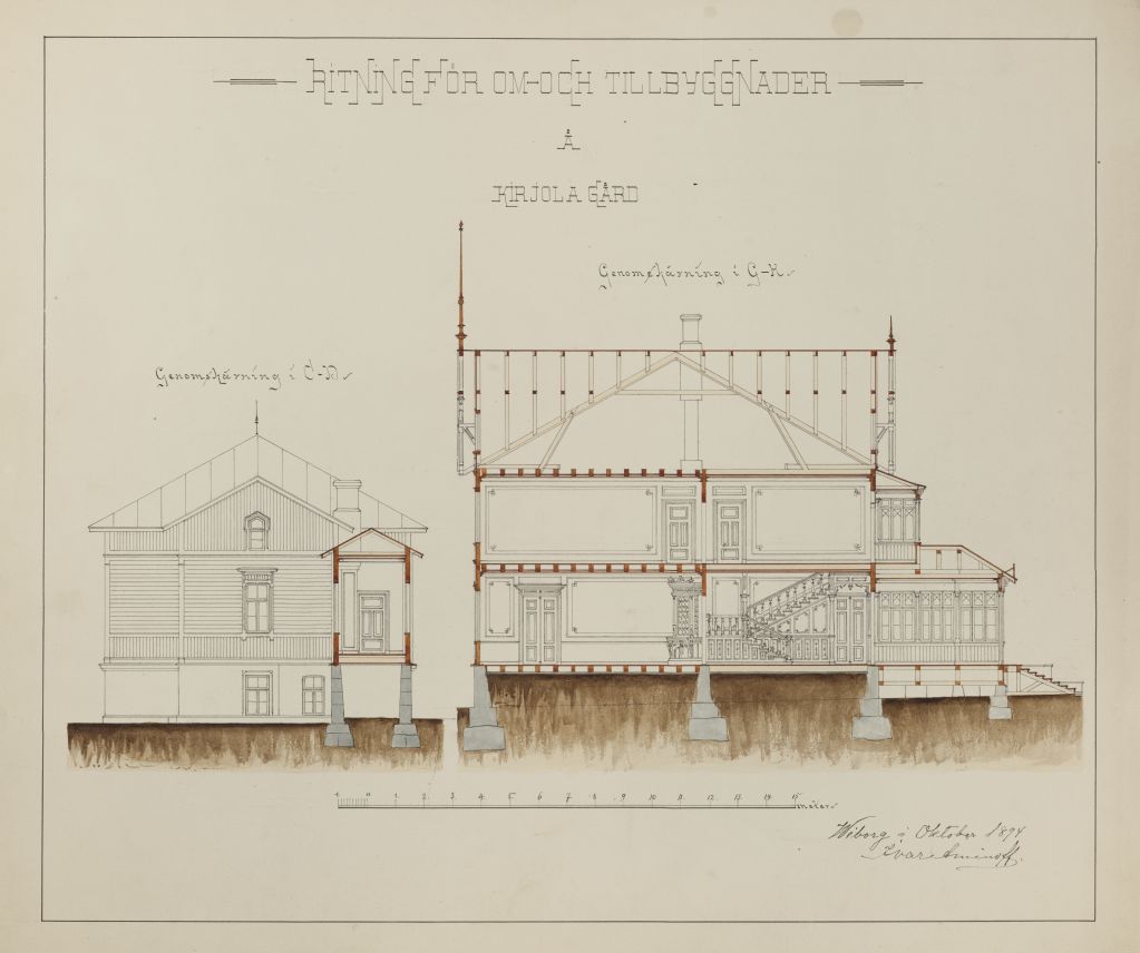 Ivar Aminoff, Kirjolan kartanon vanhan päärakennuksen kaksi leikkauspiirustusta, 1894