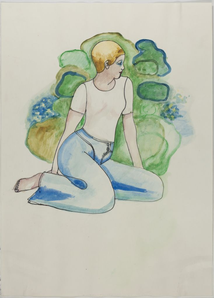 Päivi Tiuran akvarellimaalaus maassa istuvasta tytöstä.
